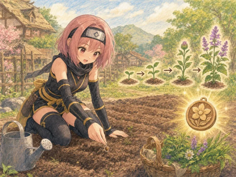 畑に種を植えて育てる場面