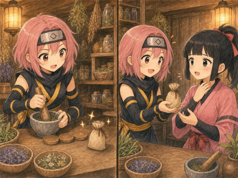 工房でお薬を調合して届ける場面