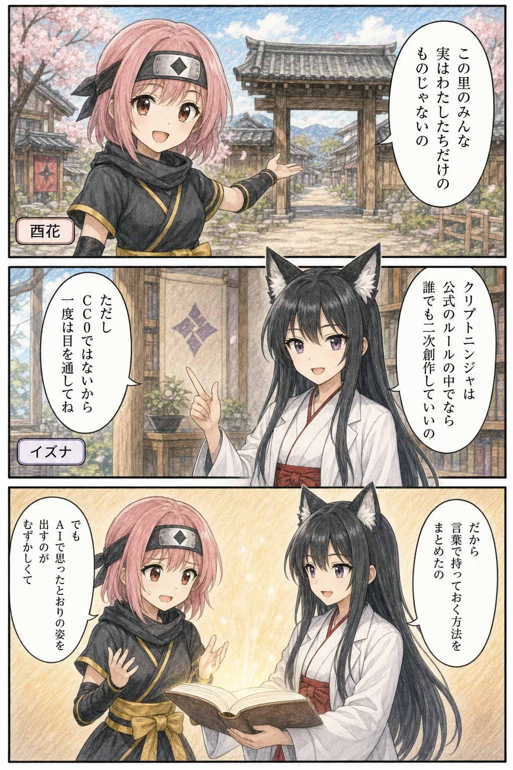 酉花とイズナが、クリプトニンジャは公式のルールの範囲内なら誰でも二次創作していいこと、ただしAIで思ったとおりの姿を出すのは難しいことを話している3コマ漫画